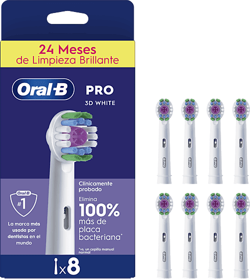 Recambio para cepillo dental - Oral-B Pro 3D White, Cabezales De Recambio, Pack de 8 unidades, Blanco