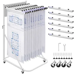 VEVOR Mobiles Blueprint-Aufbewahrungsregal, Verstellbarer Blueprint-Halter mit 6 Stk. Alu-Klemmen (610 mm), Präsentationsständer, Aufbewahrungsständer für Akten, Pläne, Poster, Büro, Zuhause