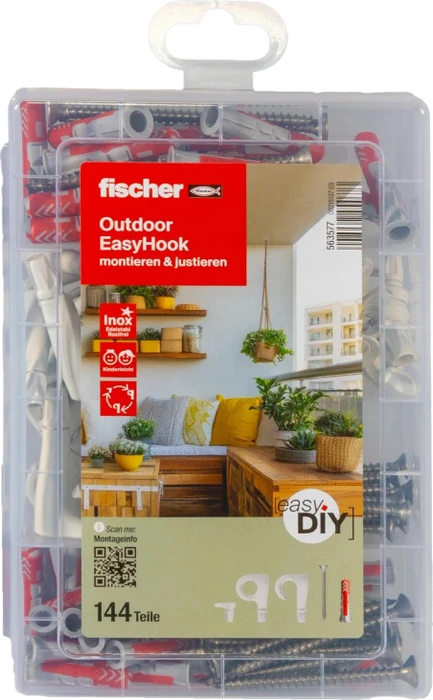 fischer easyDIY Box Outdoor EasyHook rostfrei 563577 Dübel- und Schrauben-Sortiment, 128-teilig