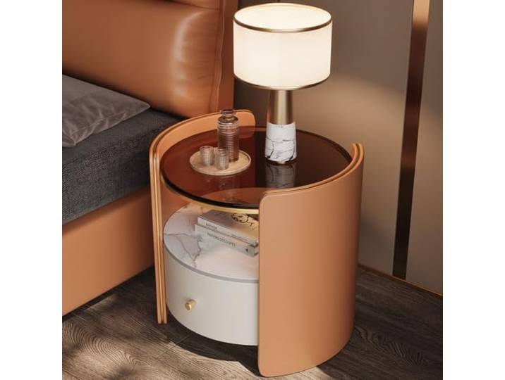 Moderner runder Nachttisch Mit 1 Schublade Beistelltisch aus Leder Holz Offene Ablage Arbeitsplatte aus gehärtetem Glas Für den Innenbereich, Schlafzimmer, Büro(Orange)