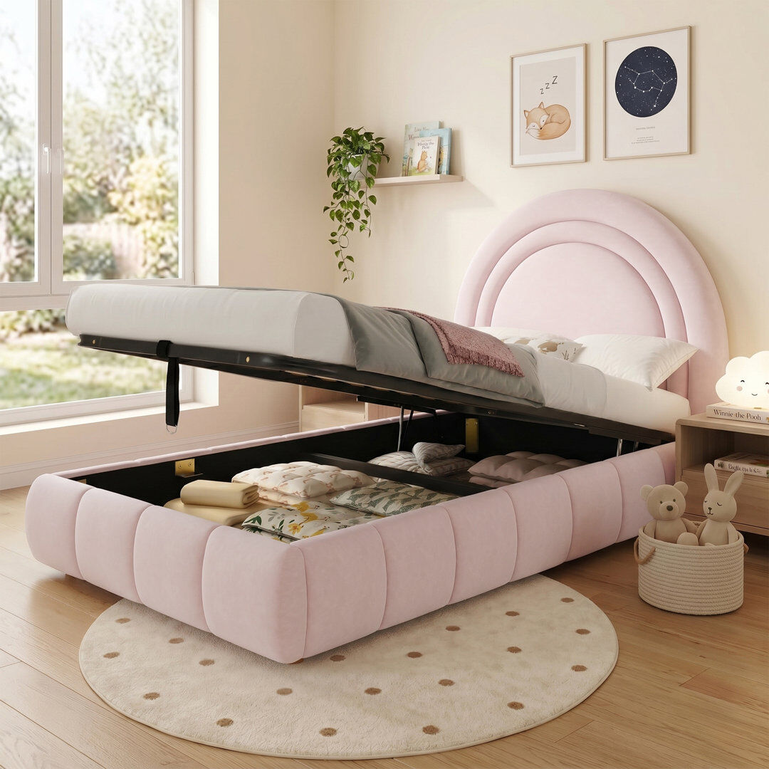 Brayden Studio Upholstered Single (3') Velvet Ottoman Bed Pink 94cm H X 104cm W X 206cm L
