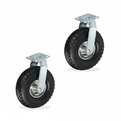 Relaxdays Lenkrollen 2er Set, luftbereift, 3.00-4, Schwerlastrollen, Platte zum Anschrauben, bis 240 kg, schwarz/silber