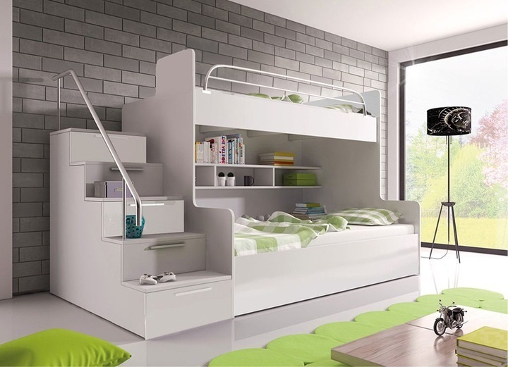 Etagenbett TOMI 2 , Doppelstockbett Hochglanz Kinderbett Hochbett , OHNE Matraze und Lattenrost (Weiss / Weiss, Treppenseite: LINKS)