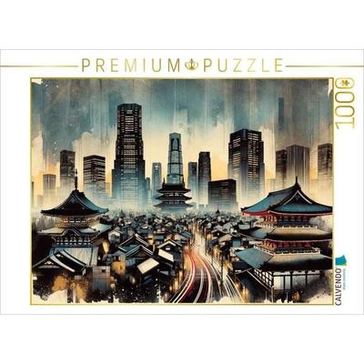 CALVENDO Puzzle Tokios Zeitenfluss: Tradition trifft Moderne in KI-Aquarell | 1000 Teile Lege-Größe 64x48cm Foto-Puzzle für glückliche Stunden