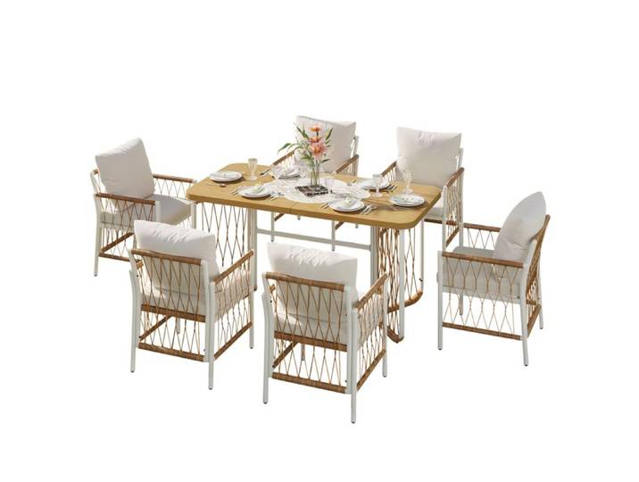 Ensemble Mobilier de Jardin Table Rectangulaire avec 6 Chaises en Métal Blanc Accoudoirs en Rattan Pour Terrasse Jardin et Balcon