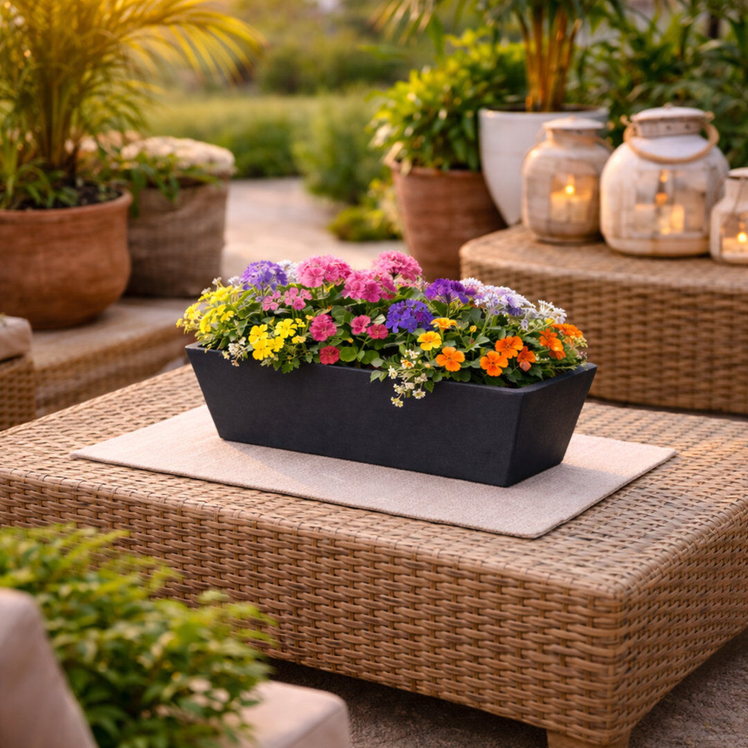 Dakota Fields Bini Window Box, Contemporary Concrete Effect Plant Pot, Outdoor Windowsill Planter with Drainage Plug Black 21cm H x 23cm W x 65cm D