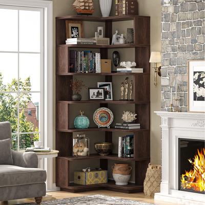 Rackcog Tall Zig-Zag Corner Bookshelves, 7-Tier Symmetrical Space-Saving Display Storage Shelving Unit