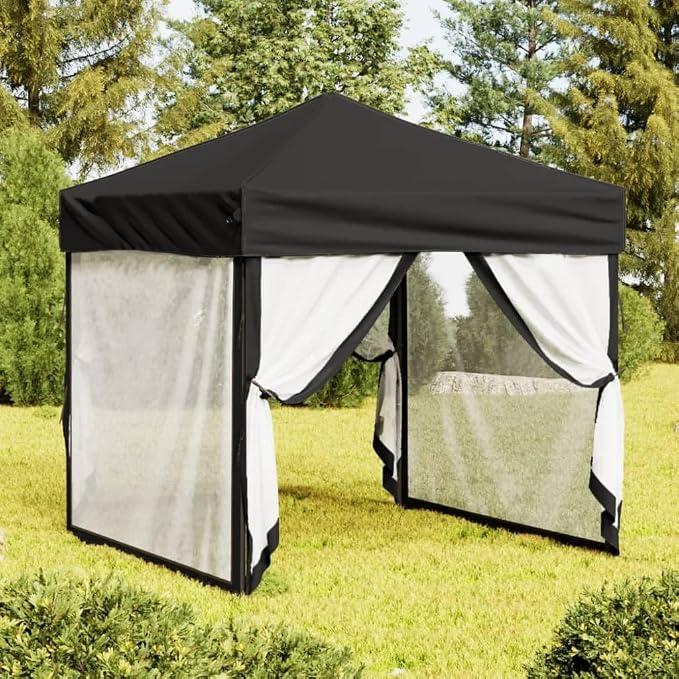 Faltbares Partyzelt Pavillon 2x2 m Schwarz mit Seitenwänden, 210D Oxford-Gewebe, Stahlrahmen, wasserdicht, Winddicht, Sonnenschutz für Garten, Terrasse, Camping, Grillen, Outdoor, Festival