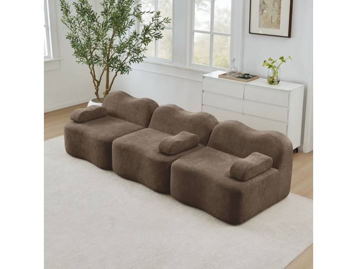 Canapé modulable 3 places - ZEVKOR - Modulable boneless - Velours marron - Assise profonde 32D - Accoudoirs mobiles