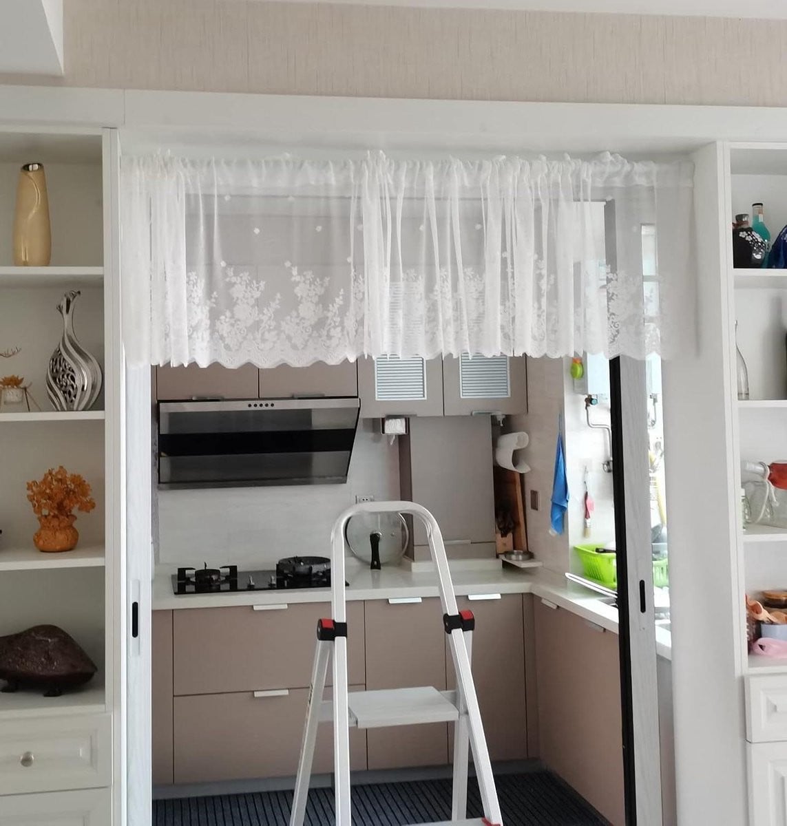 Wit Jacquard Bloemen Vitrage Gordijn voor Keuken Decoratie - 100 x 45 cm