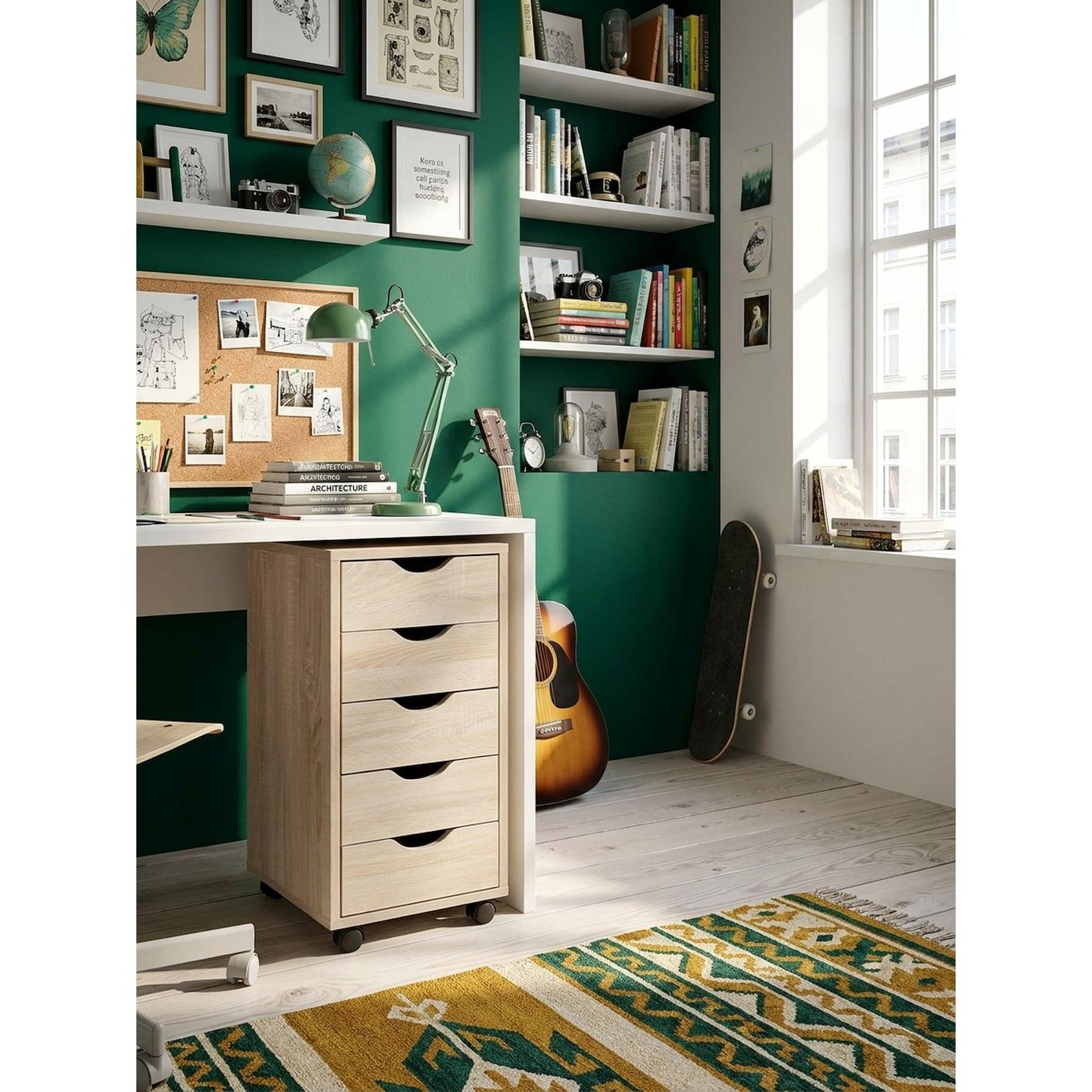 Rollcontainer – Sonoma MDF, 33x64x38 cm, 5 Schubladen, Rollen, modern