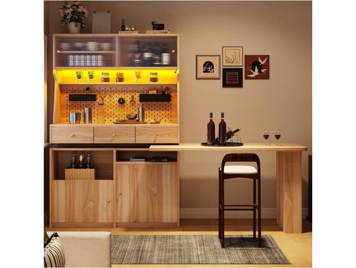 VUENOR vitrine haute multifonction avec bureau intégré table bar LED et portes vitrées