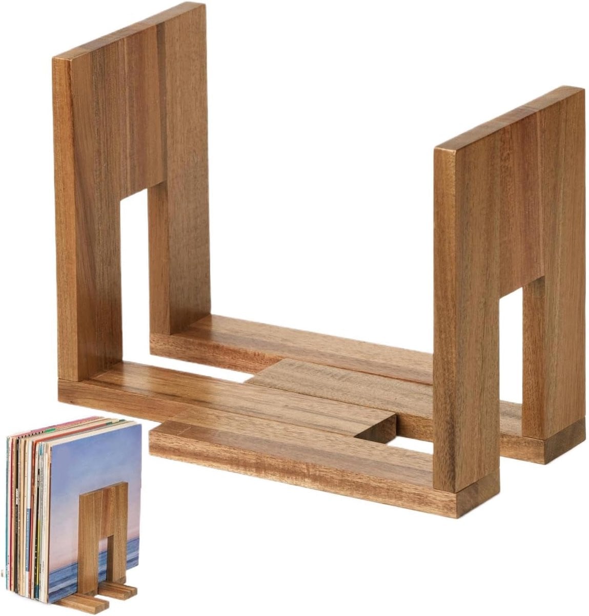 Verstelbare houten platen organizer voor muziekopslag, houtkleur