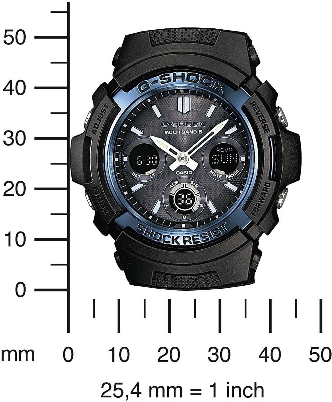Funkchronograph CASIO G-SHOCK, schwarz (schwarz, azurblau), Armbanduhren, Herren, schwarz, Funkchronograph, Solaruhr, Armbanduhr,Herrenuhr,digital bis 20 bar wasserd.Resinarmband