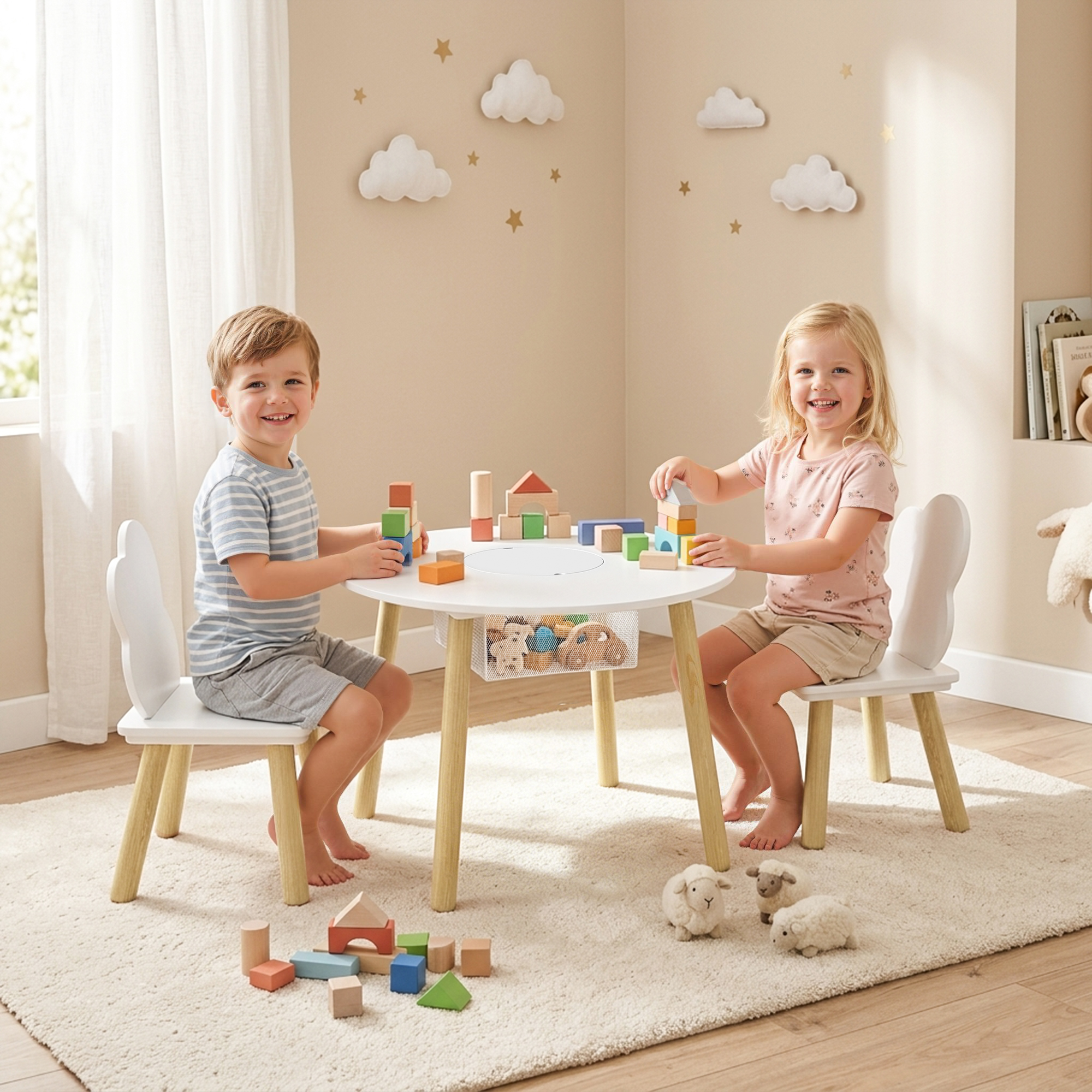 Aiyaplay Tavolo per Bambini con Sedie e Contenitore, Set di Mobili per Bambini in 3 Pezzi per Stanza Giochi e Cameretta, Bianco e Naturale   Aosom Italy