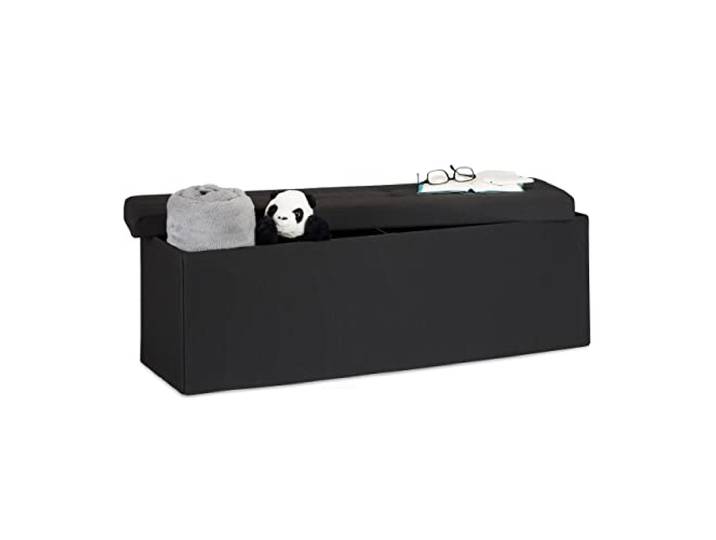 Relaxdays 10019049 _ 46 Pouf pliant\, banc avec rangement\, repose-pieds\, lin\, noir\, 114 x 38 x 38 cm