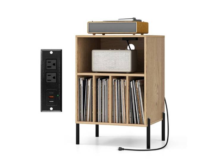 GOPLUS Petit Meuble de Rangement 53x45x78 5CM avec 5 Compartiments-Support pour Tourne-disque/Vinyle avec Station de Charge Naturel