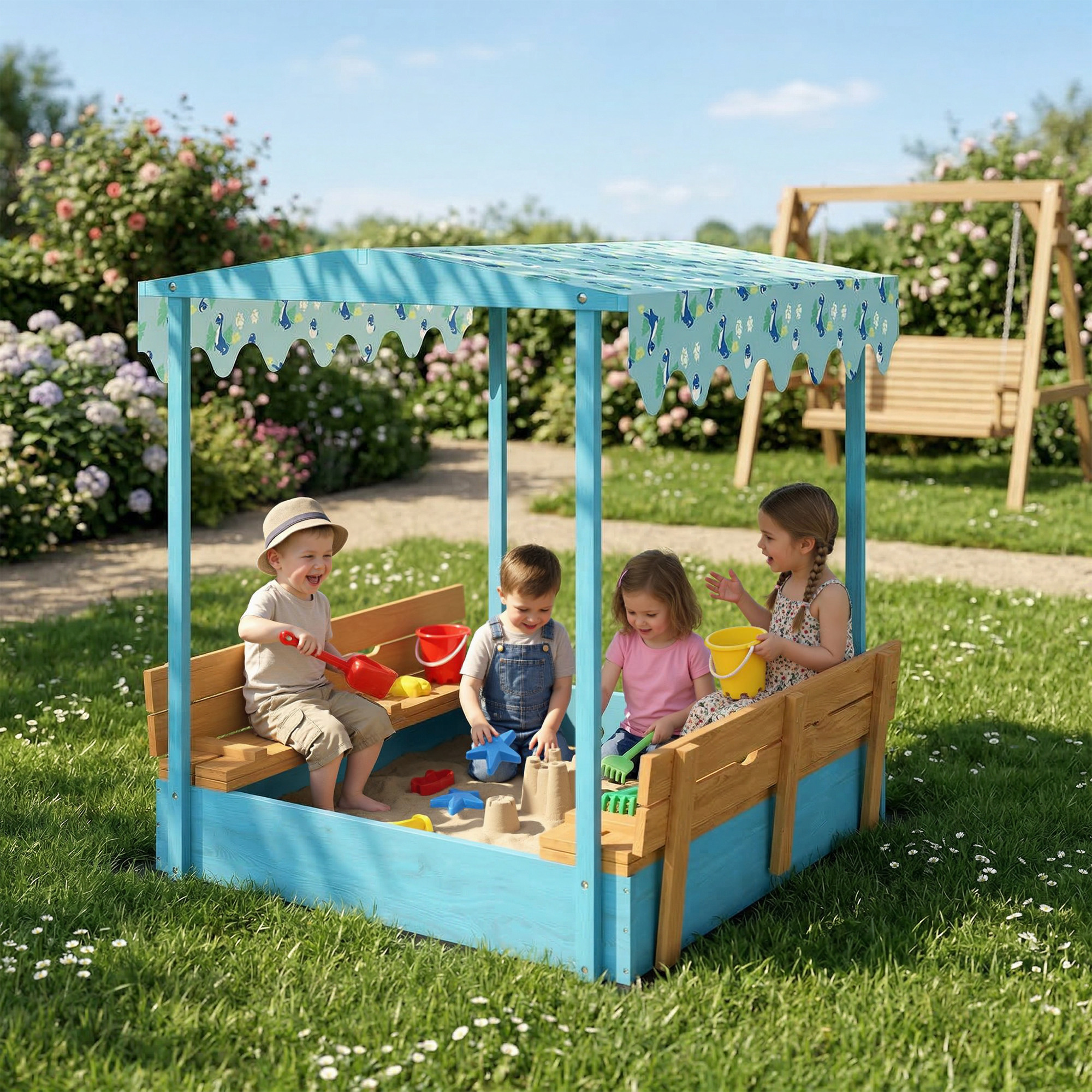 Aiyaplay Sabbiera per Bambini 3-6 Anni con Tettuccio Dinosauri, Sedute Pieghevoli, Coperchio e Fodera Inclusa, Sabbionaia per Bambini in Legno di Abete, 134.5x127.5x130 cm, Blu   Aosom Italy