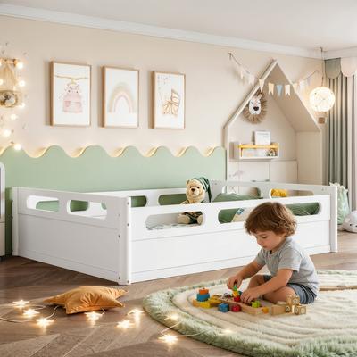 GREATPLANINC Low Profile Floor Platform Bed with Full-Length Guardrails for Kids