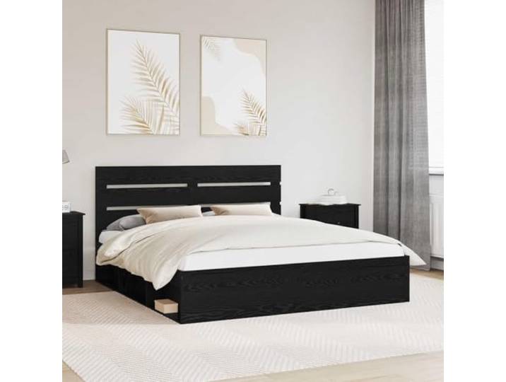 RJPLMFV Bettgestell, Schwarz, 200 x 200 cm, massives Kiefernholz Feste Lattenplattform, Kopfteil aus massivem Kiefernholz, modernes minimalistisches Design, einfache Pflege