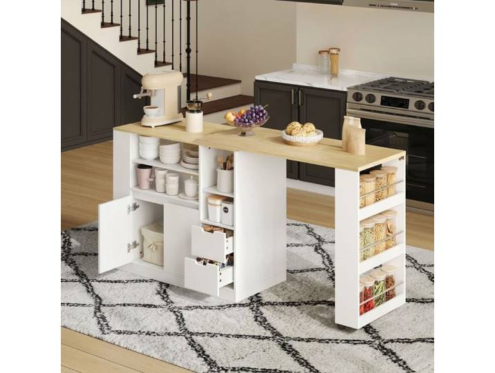 Norevia Îlot de Cuisine Blanc et Bois avec Plan de Travail Extensible 115 cm