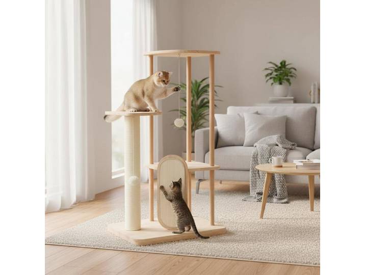 Tour à chat moderne en bois à plusieurs niveaux avec planche à gratter et poteau - 44 pouces