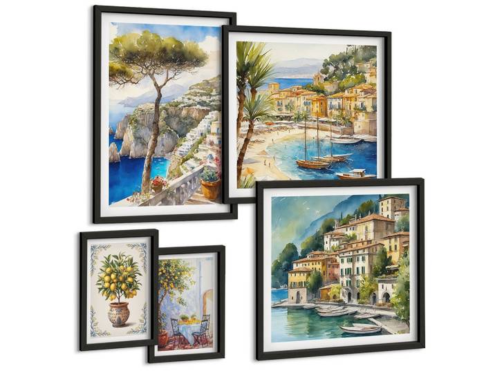 BILDER SET 5er Set - 50x50 cm & 20x30 cm & 40x60 cm Schwarzer Rahmen - Monochromatische Brückentürme