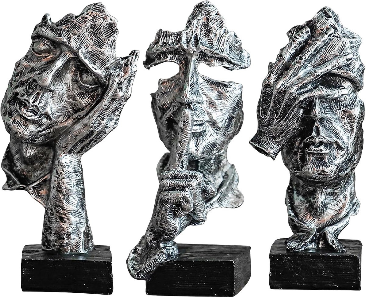 Abstracte Sculptuur Set Denker Beeldjes - 3-Delige Interieur Decoratie - Zilver