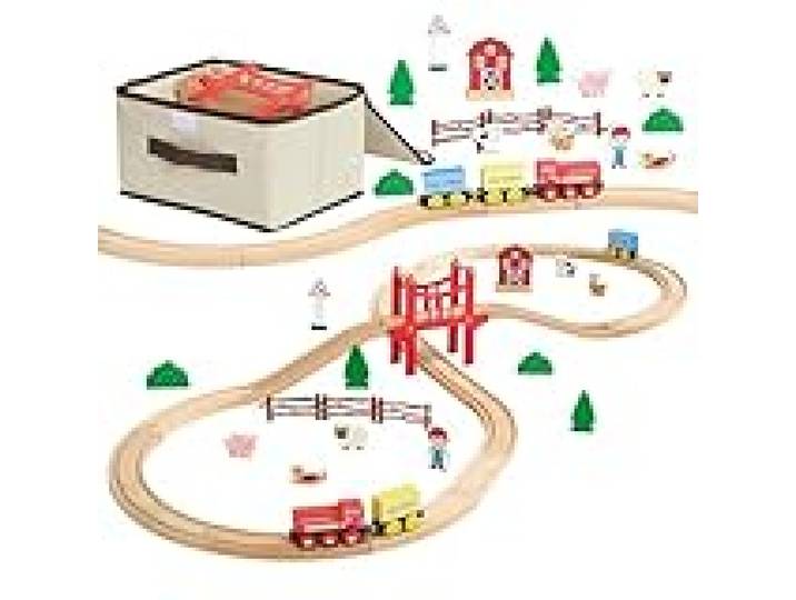 VEVOR Circuit de Train Bois Enfants 3-8 Ans Ensemble Rails de Train Bois 39 PCS Jouet pour Noël Anniversaire Garçons Filles, avec Trains Magnétiques, Compatible avec Grandes Marques, Ferme Campagne
