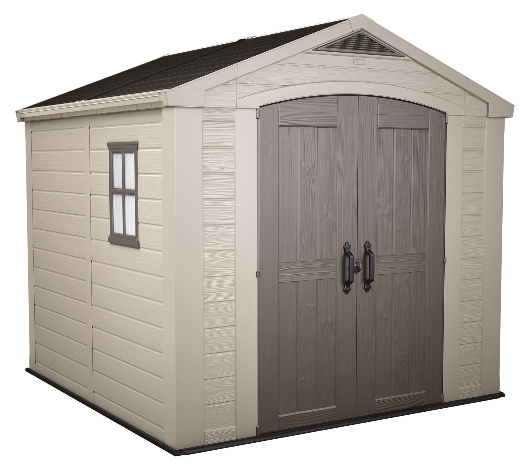 Factor 8x8 - Gartenhaus 256,50x243x255 cm 2 Türen zur Werkzeugaufbewahrung Holzoptik-Finish aus beigem Harz