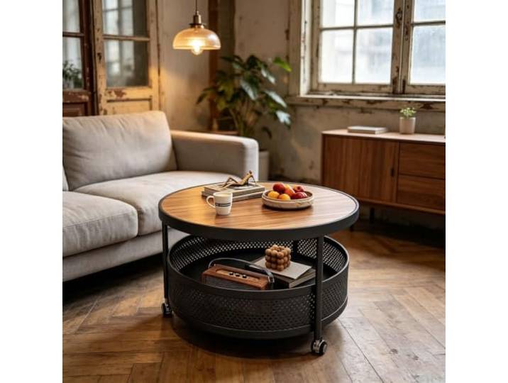 kumamart Runder Couchtisch auf Rollen, 2 Etagen Beistelltisch mit Korb Mobiler runder Beistelltisch mit 2mm Holzdekor-Steinplatte und 360° Lenkrollen.