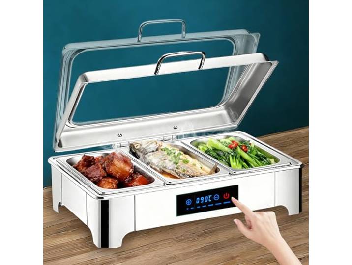 BOVDC Elektrischer Chafing Dish Glasdeckel 9L, Edelstahl(1/3 Pan) Speisewärmer Buffetwärmer Elektrisch Einstellbarer Temperatur, Elektrisch Warmhaltebehälter Essen für Buffet, Catering