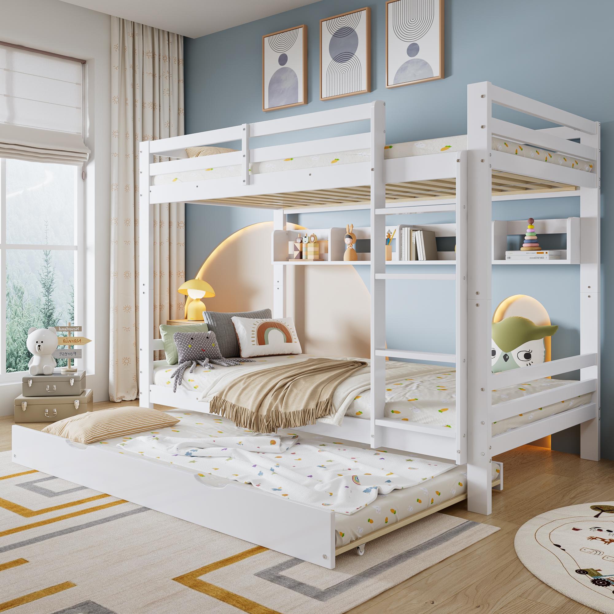 Flieks Etagenbett 90x200cm mit Regal, Kinderbett Hochbett mit 90x190cm großem Ausziehbett, Stockbett Einzelbett für 2 Kinder Kinderzimmer, Weiß