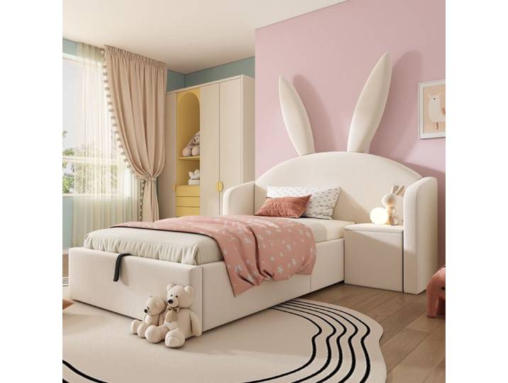 LIT ENFANT - PANTAURAS - Fer - 90x200 cm - Velours beige - Oreilles lapin + rangement