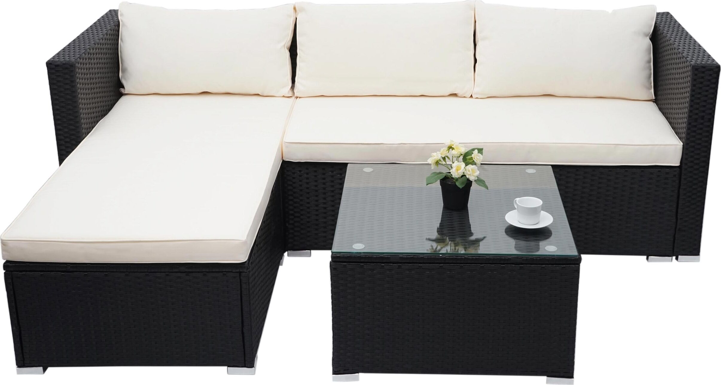 Poly-Rattan Garnitur HWC-F57, Balkon-/Garten-/Lounge-Set Sofa Sitzgruppe schwarz, Kissen creme ohne Deko-Kissen