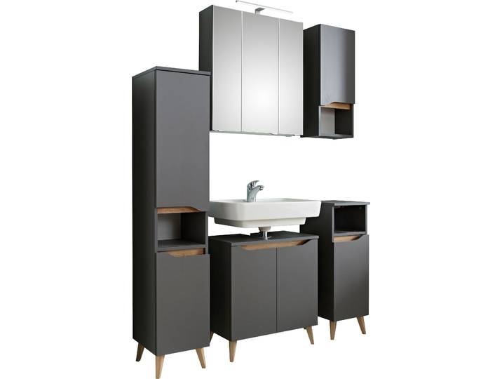 Badmöbel-Set SAPHIR Quickset 5-teilig Waschbeckenunterschrank und LED-Spiegelschrank , grau (quarzgrau matt, akzent riviera eiche quer nb), Kastenmöbel-Sets, Badmöbel-Set, Midischrank, Unterschrank, Hängeschrank, inkl. Türdämpfer, 9 Türen