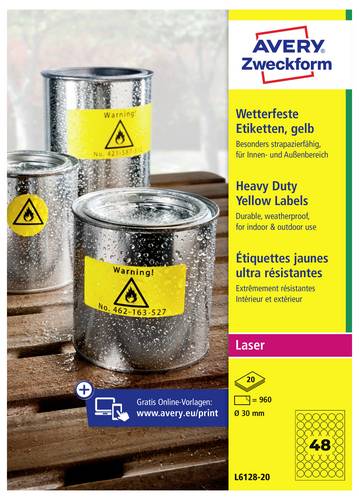 Avery-Zweckform L6128-20 Folien-Etiketten Ø 30mm Polyester-Folie Gelb 960 St. Permanent haftend Farblaserdrucker, Laserdrucker