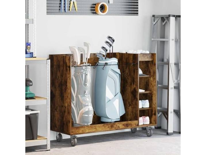 MBDRKVGF Schrank Mit Rädern, Golf-Aufbewahrung, Geräucherte Eiche, 120 x Massives Holz, Metallrahmen, Flexibler Stauraum, Modernes Design