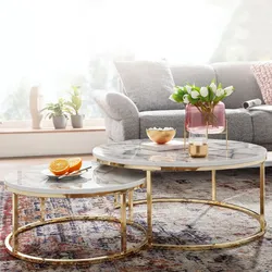 Couchtisch FineBuy Sofatisch 2er Set Weiß Marmor Optik Satztisch Tisch Rund