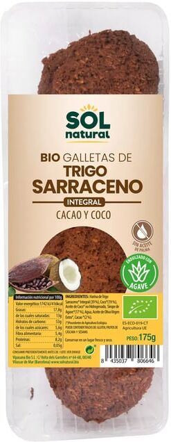 Sol Natural BOLACHAS DE TRIGO SARRACENO E COCO-CACAU BIO 175g Cacau-Coco