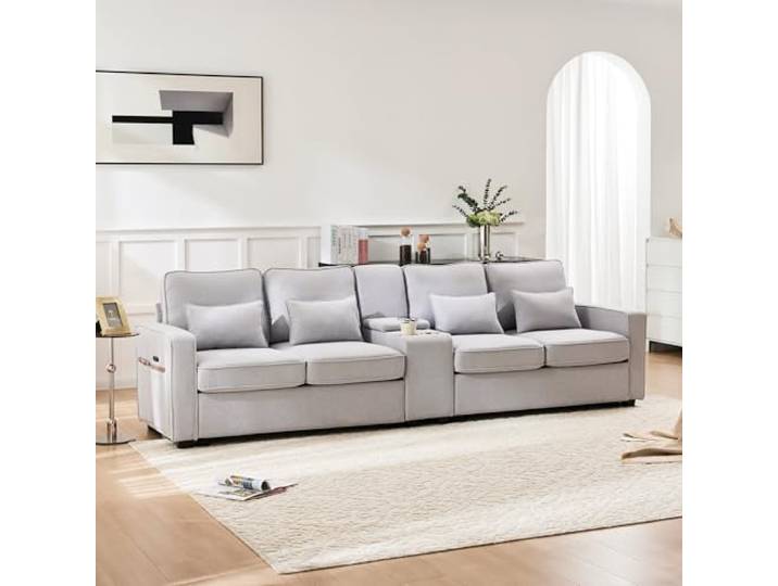 Merax Sofa 4 Sitzer Modern Couch mit Konsole, 2 Getränkehaltern und 2 USB-Ladeanschlüsse Polstersofa mit Armlehnen-Taschen und 4 Kissen, für Wohnzimmer/Schlafzimmer/Gästezimmer, Gray