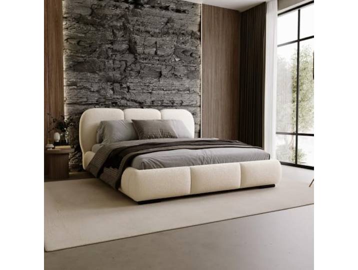 Chilly. Möbel Design Bett Savona - Polsterbett 180x200 mit Bettkasten, Lattenrost und Kopfteil – Eleganter Bouclé-Stoffbezug Beige