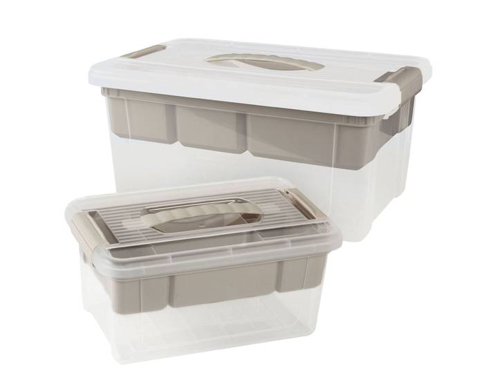 Aufbewahrungsboxen mit Organizer, 2 Stück 5/9 Liter, transparent/grau