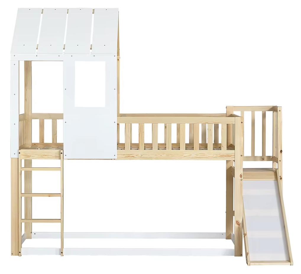 Bodenbett - Kinderbett - Rechtwinklige Leiter - Rutsche - Kiefernholzrahmen - 90 x 200 cm - Natur + Weiß