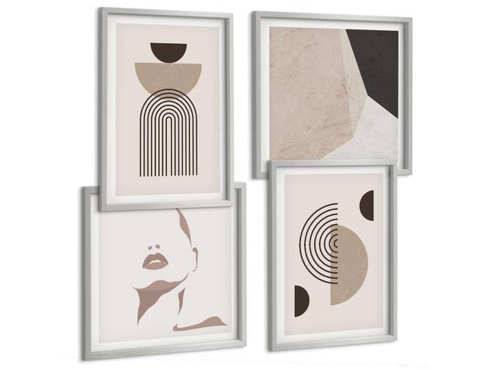 Tulup Bilder SET 4er Set - 50x50 cm & 40x60 cm Silberner Rahmen - Abstrakte Gesichtsformen, Silberfarben, Kunststoff, Rechteckig, 50x50 cm, gerahmt, Bilder & Rahmen, Bilder