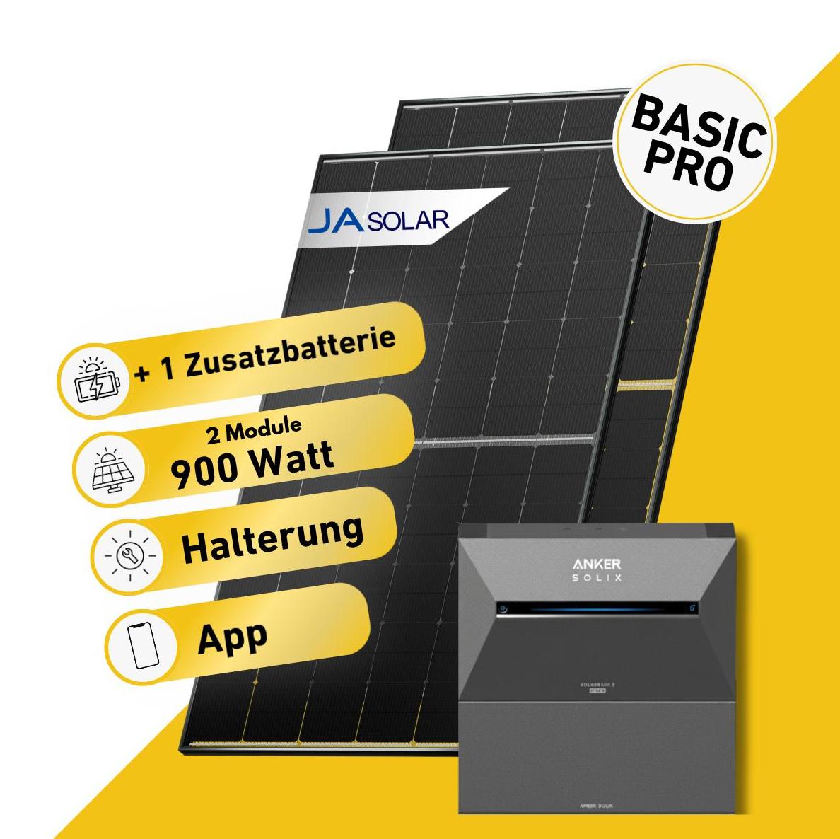 Balkonstrom Balkonkraftwerk 910W mit Speicher | 1xZusatzspeicher | Garten/Flachdachhalterung | 2xSolarmodul Bifazial | Anker Solix 3 Pro