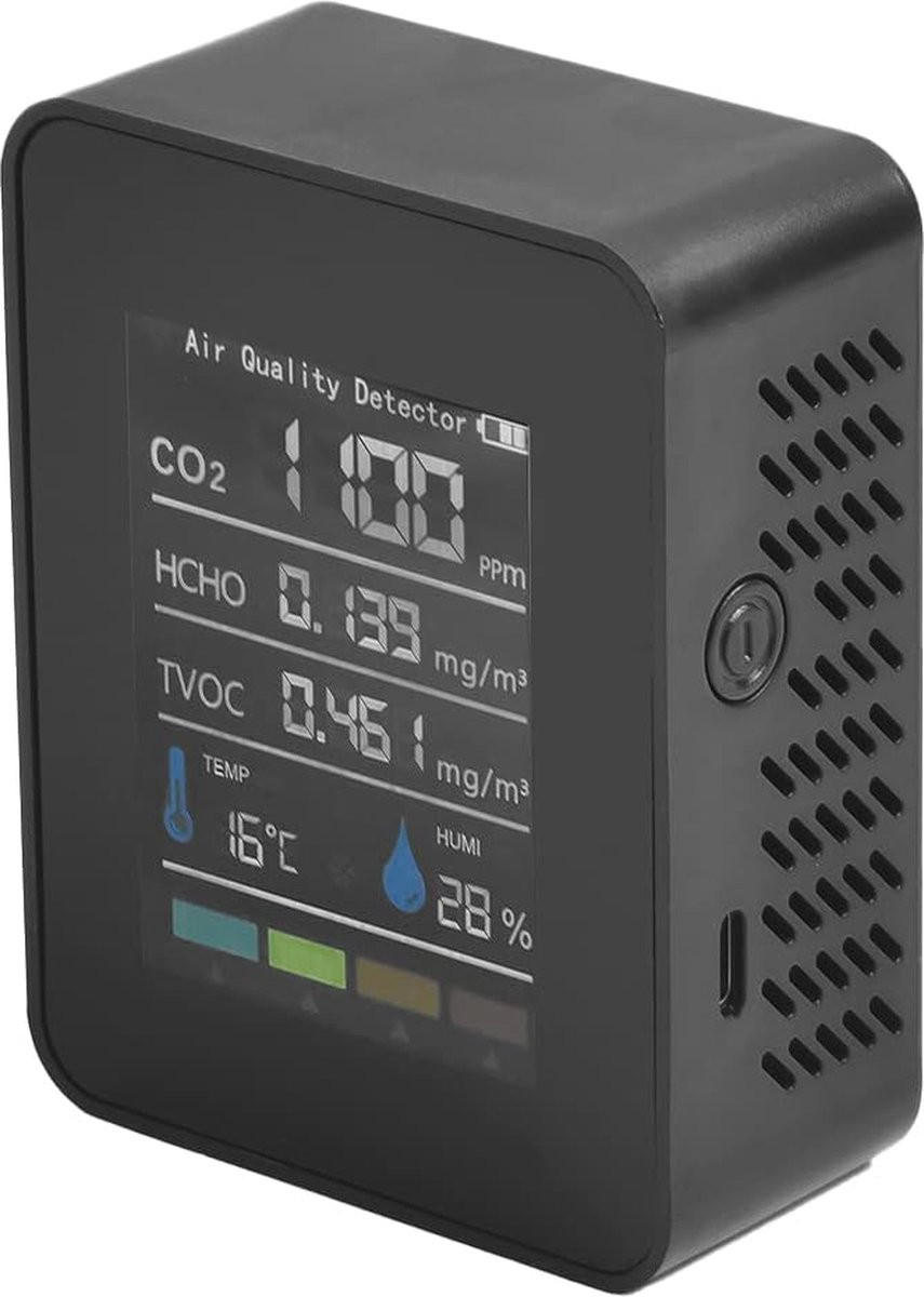 5-in-1 Luchtkwaliteitsmonitor met CO2, HCHO, TVOC en AQI - Temperatuur- en Vochtigheidsdetector met Kleurrijk LCD Scherm - Zwart