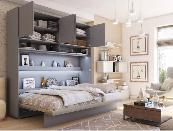 Lit mural escamotable CONCEPTION PRO 120x200 cm gris mat (horizontal) avec surmeuble