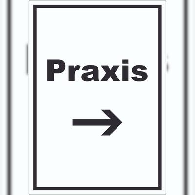 HB-Druck Praxis Aufkleber mit Text und Richtungspfeil rechts Arzt Gesundheit hochkant A8 (52x74mm)