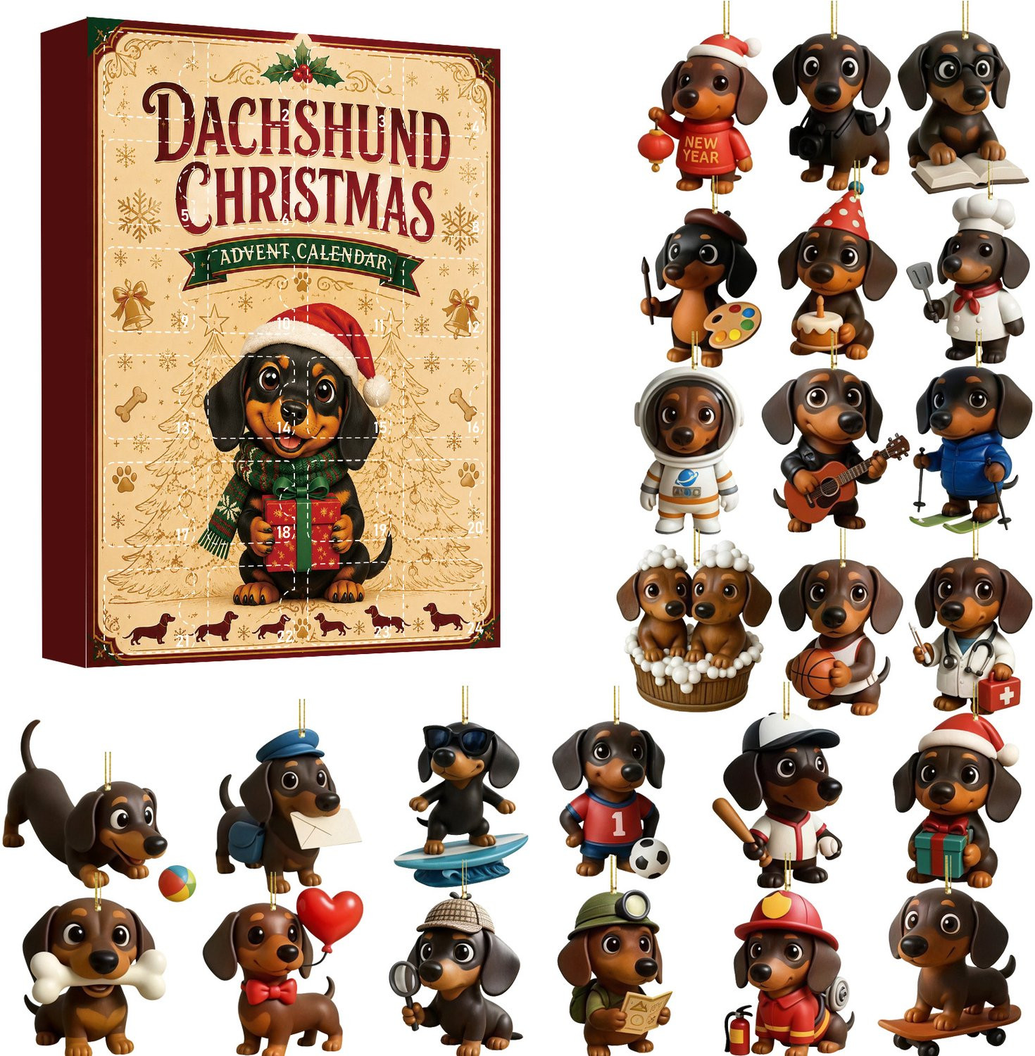 Kerst-adventskalender met teckels blind box – Acrylhangers in de vorm van puppy's – Cadeauset met kerstboomversiering